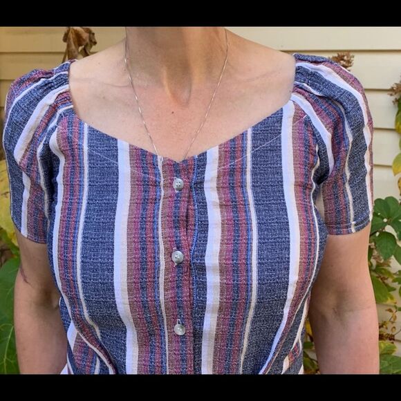 Drew linen, maroon/blue/white striped blouse, new, short sleeves, waist ties, S - Picture 5 of 8